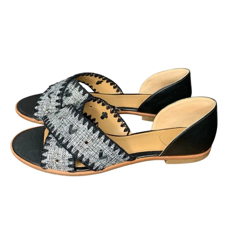 Jack Rogers leather and tweed Lindsey‎ Textile flat sandal in black. Size 9.5